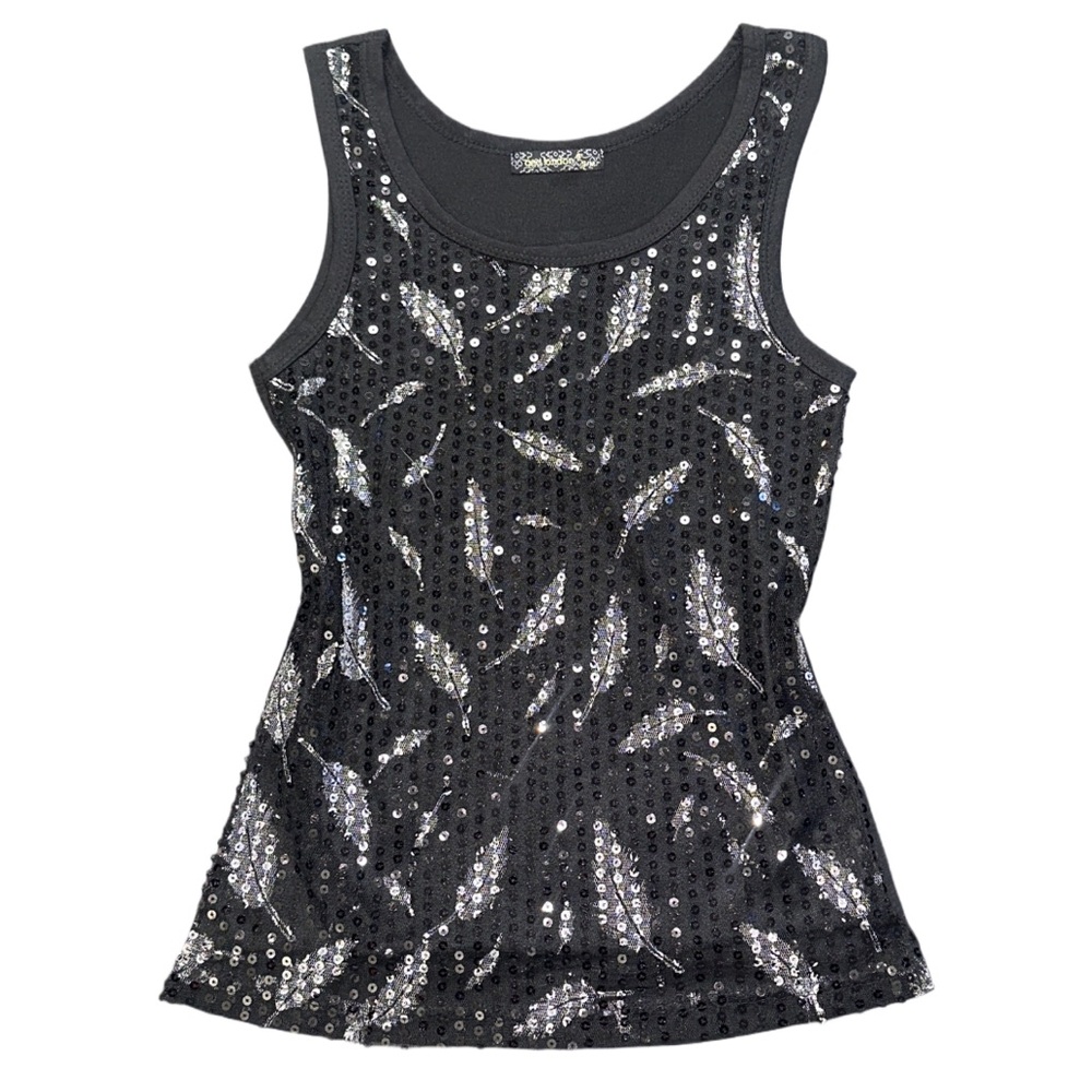 Y2K QED LONDON women's sheer mesh feather design sequin tank, S/M.